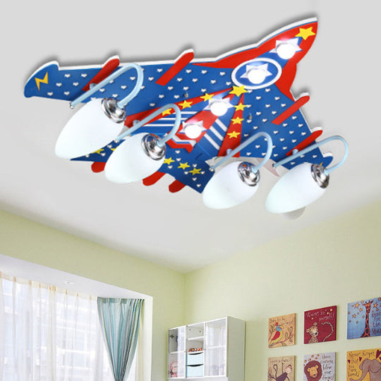 Cartoon Blue Plane Flush Mount Ceiling Light with 4 Lights for Kids' Bedroom