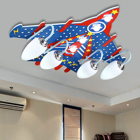 Cartoon Blue Plane Flush Mount Ceiling Light with 4 Lights for Kids' Bedroom