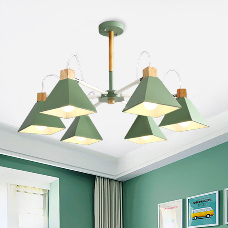 Modern Metal Triangle Pendant Fixture: Bedroom Chandelier With 6 Hanging Lights Green