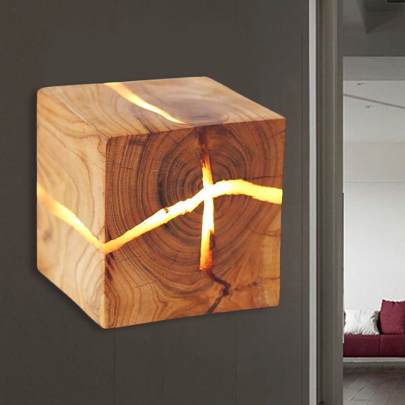 Rustic Cracked Cube Wall Light Wood Sconce For Kids Bedroom And Nursing Room Dark Brown