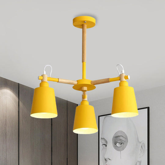 Tapered Macaroon Ceiling Lamp: Metal And Wood 3 Hanging Pendant Lights For Living Room Yellow