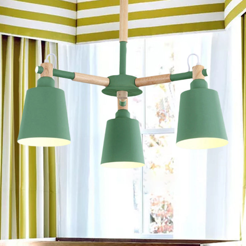 Tapered Macaroon Ceiling Lamp: Metal And Wood 3 Hanging Pendant Lights For Living Room Green