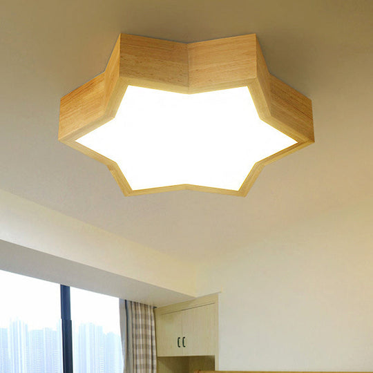 Wooden Star Shape Ceiling Light - Kids Bedroom - Simple Style - Beige Flush Mount Fixture