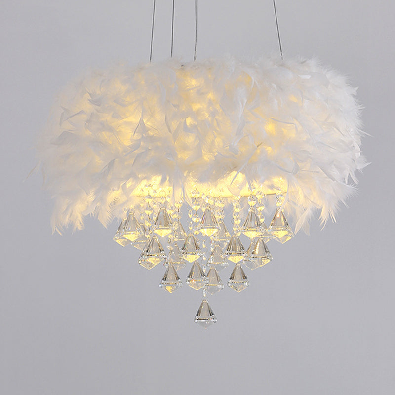 Feather Romantic Suspension Light With Crystal Deco - White Drum Dining Room Hanging