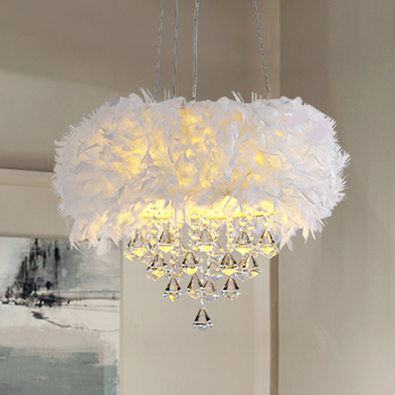 Feather Romantic Suspension Light With Crystal Deco - White Drum Dining Room Hanging