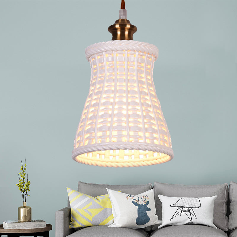 Modern Curved Basket Hanging Light: 1-Head Ceramic Pendant For Dining Table