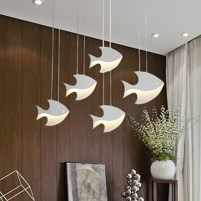 Kids Bedroom Pendant Light - Modern Metal Fixture With Cord And Fish Design White