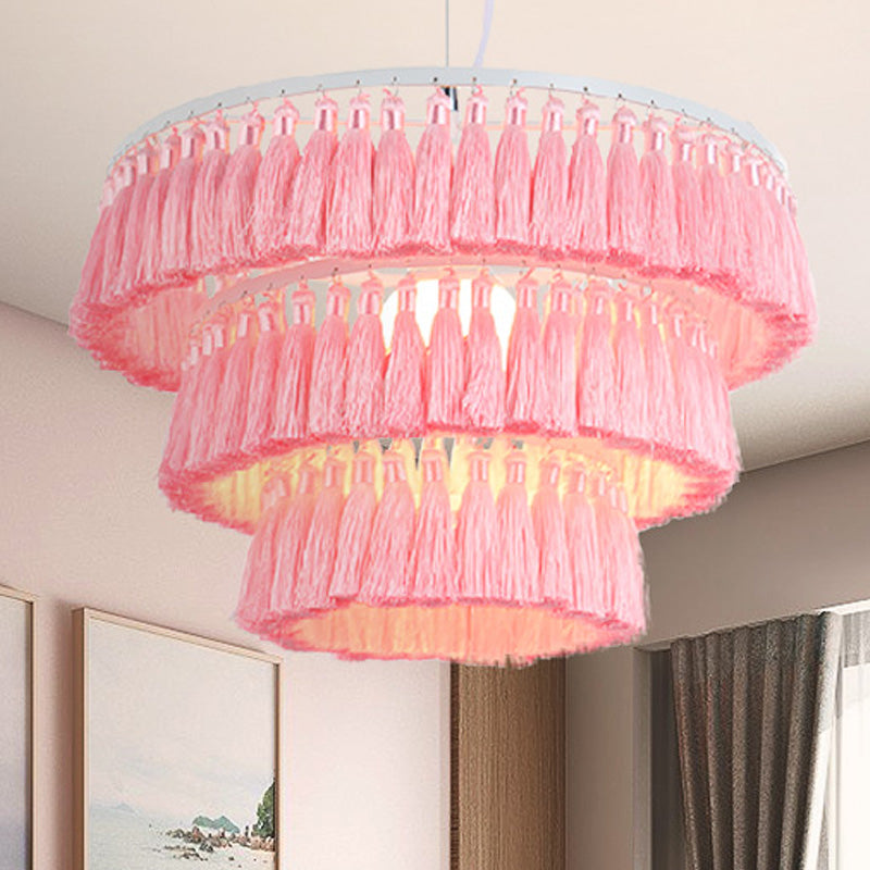 Modern Tassel Pendant Light For Girl Bedroom - Single Fabric Ceiling With Stylish Design