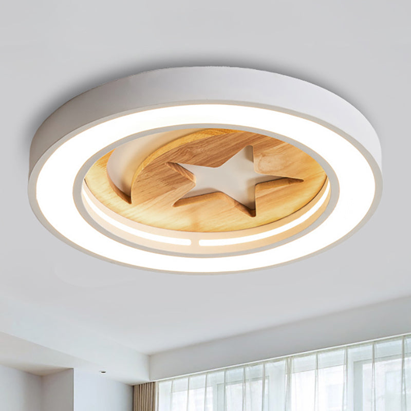 Wooden Nordic LED Ceiling Light for Baby Room with Star & Moon Elements