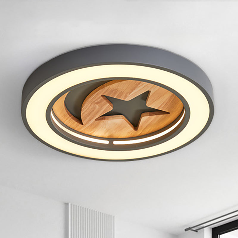 Wooden Nordic LED Ceiling Light for Baby Room with Star & Moon Elements