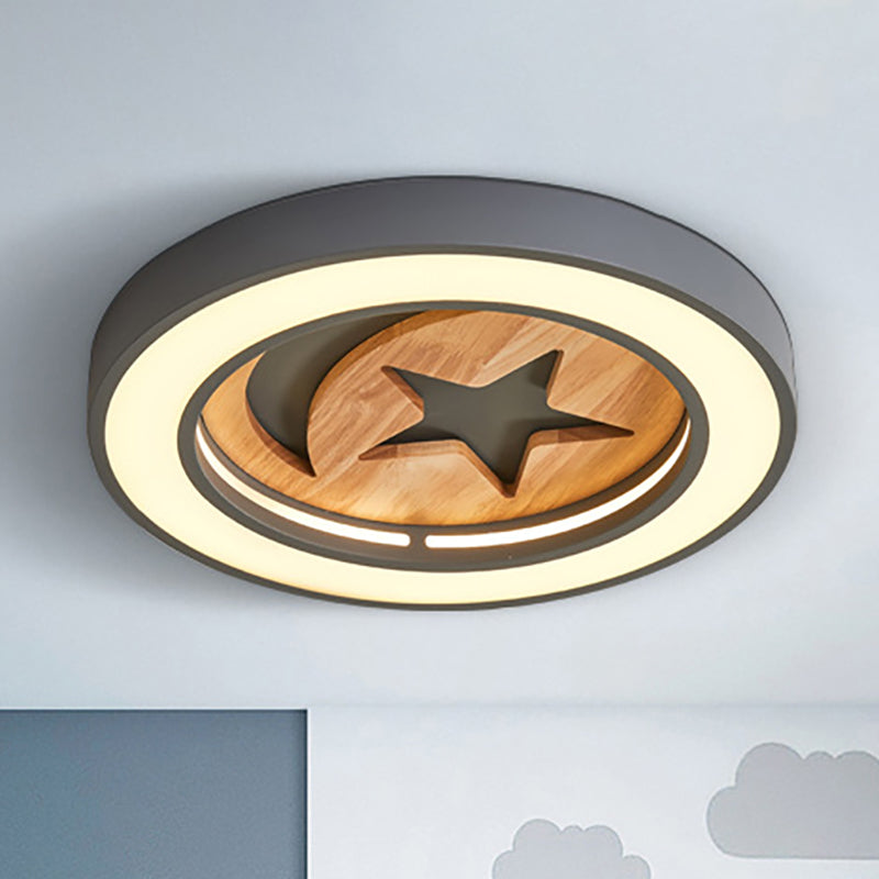 Wooden Nordic LED Ceiling Light for Baby Room with Star & Moon Elements