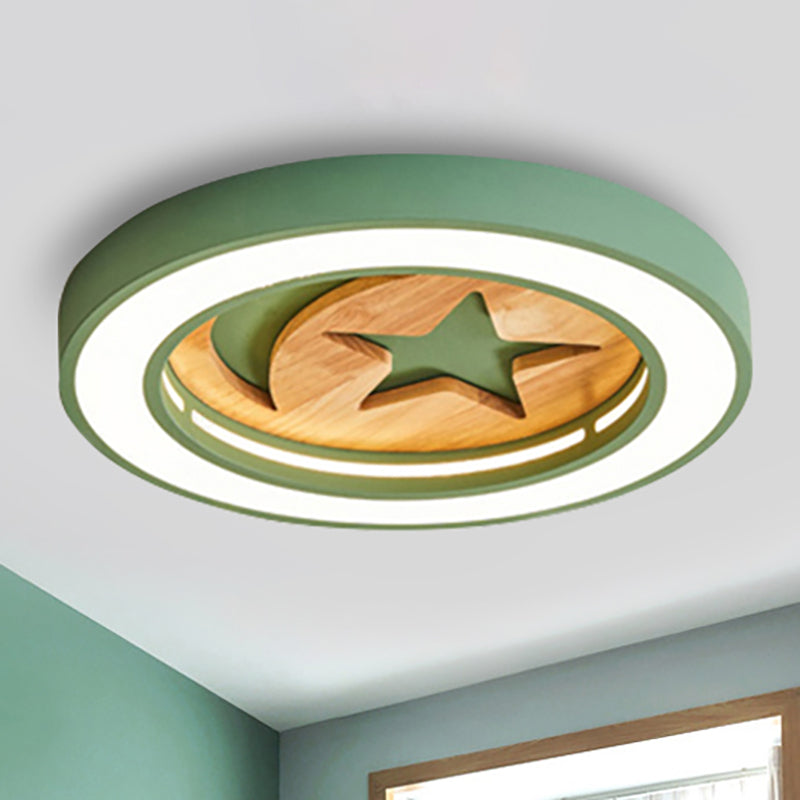 Wooden Nordic LED Ceiling Light for Baby Room with Star & Moon Elements