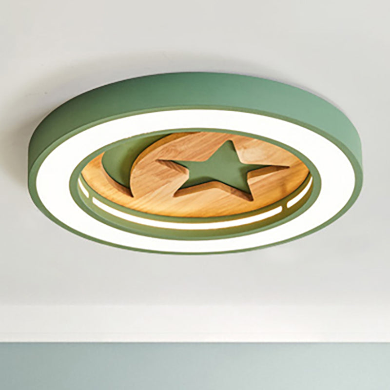 Wooden Nordic LED Ceiling Light for Baby Room with Star & Moon Elements