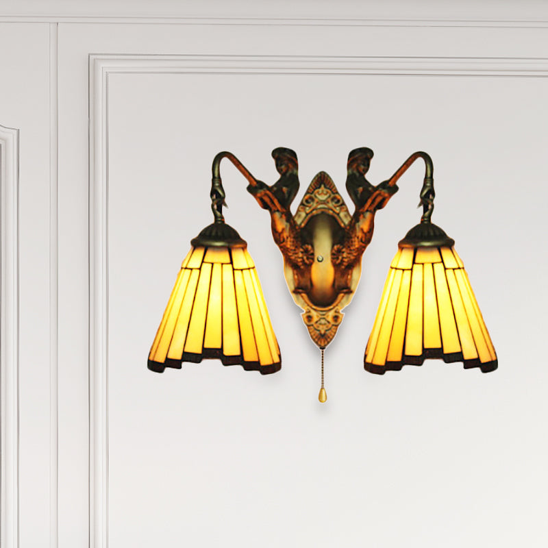 Yellow Glass Aged Brass Sconce Lighting - 2 Head Mission Wall Mounted Light