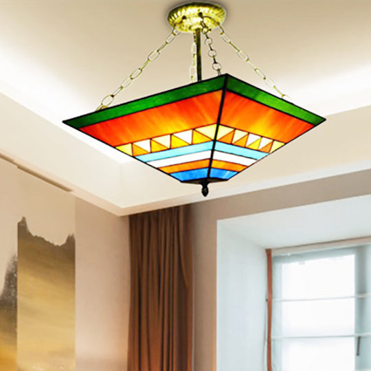 Tiffany Stained Glass Semi Flush Mount Ceiling Lamp - Stylish Inverted Design In Orange/Yellow