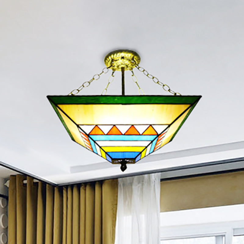 Tiffany Stained Glass Semi Flush Mount Ceiling Lamp - Stylish Inverted Design In Orange/Yellow