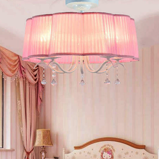 Modern Fabric Drum Chandelier With Crystal Decoration - 5-Light Semi Flush Mount For Girls Bedroom