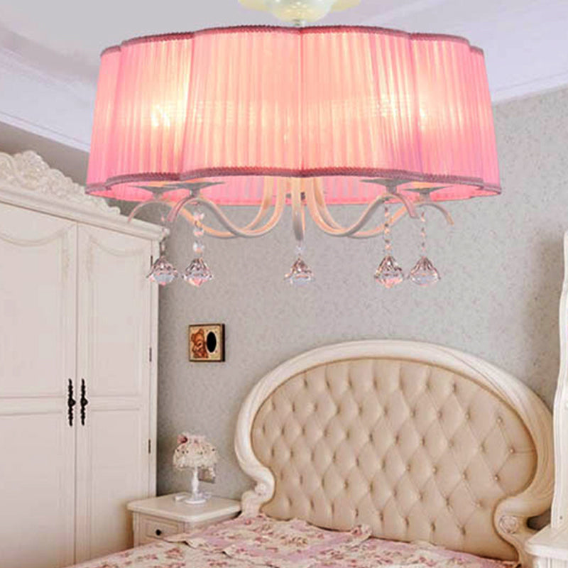 Modern Fabric Drum Chandelier With Crystal Decoration - 5-Light Semi Flush Mount For Girls Bedroom