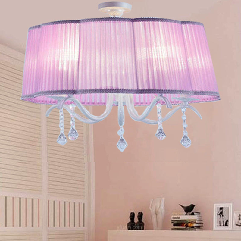 Modern Fabric Drum Chandelier With Crystal Decoration - 5-Light Semi Flush Mount For Girls Bedroom