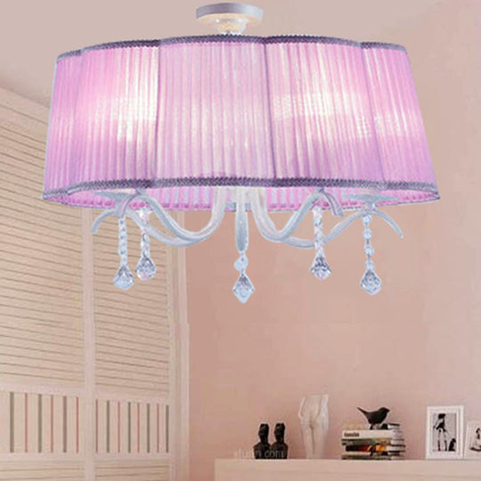 Modern Fabric Drum Chandelier With Crystal Decoration - 5-Light Semi Flush Mount For Girls Bedroom