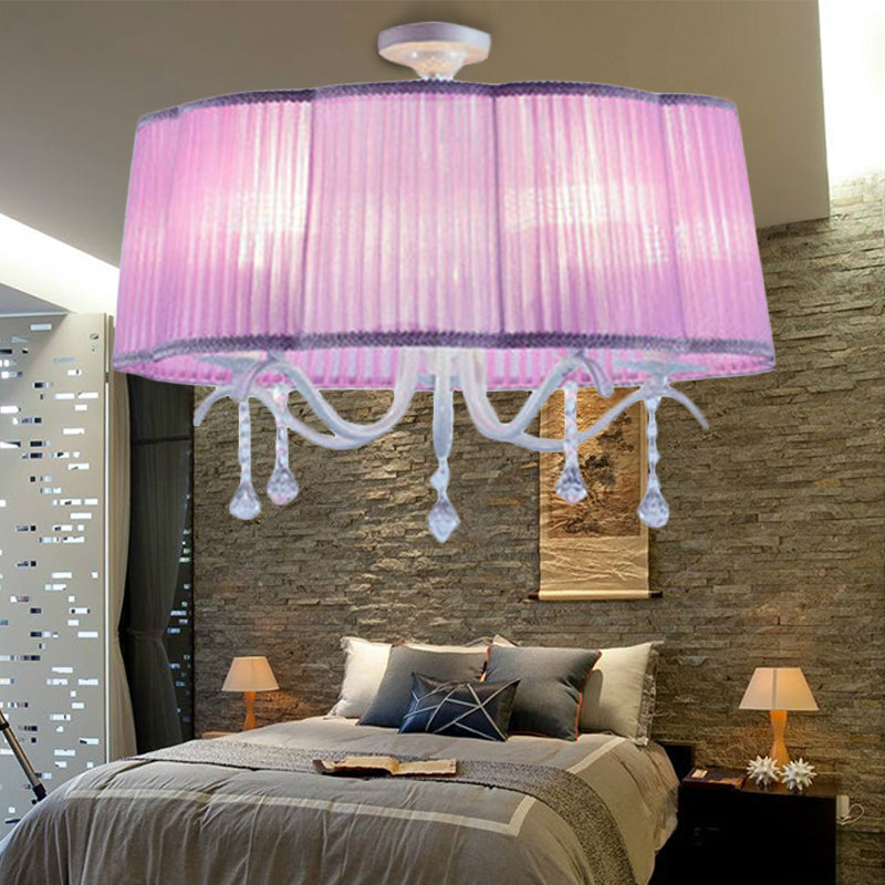 Modern Fabric Drum Chandelier With Crystal Decoration - 5-Light Semi Flush Mount For Girls Bedroom