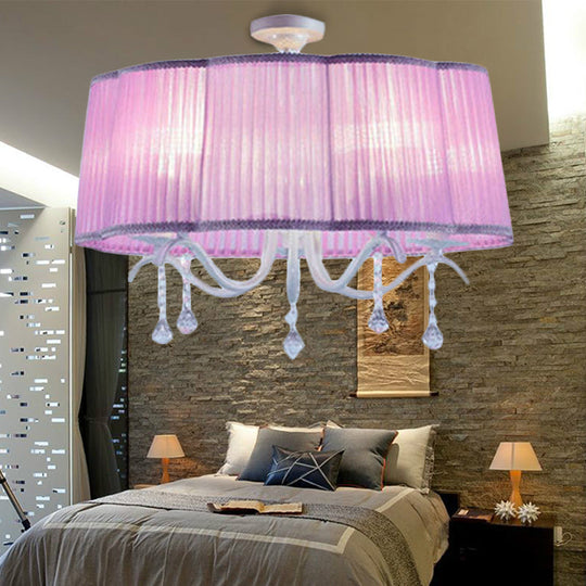 Modern Fabric Drum Chandelier With Crystal Decoration - 5-Light Semi Flush Mount For Girls Bedroom