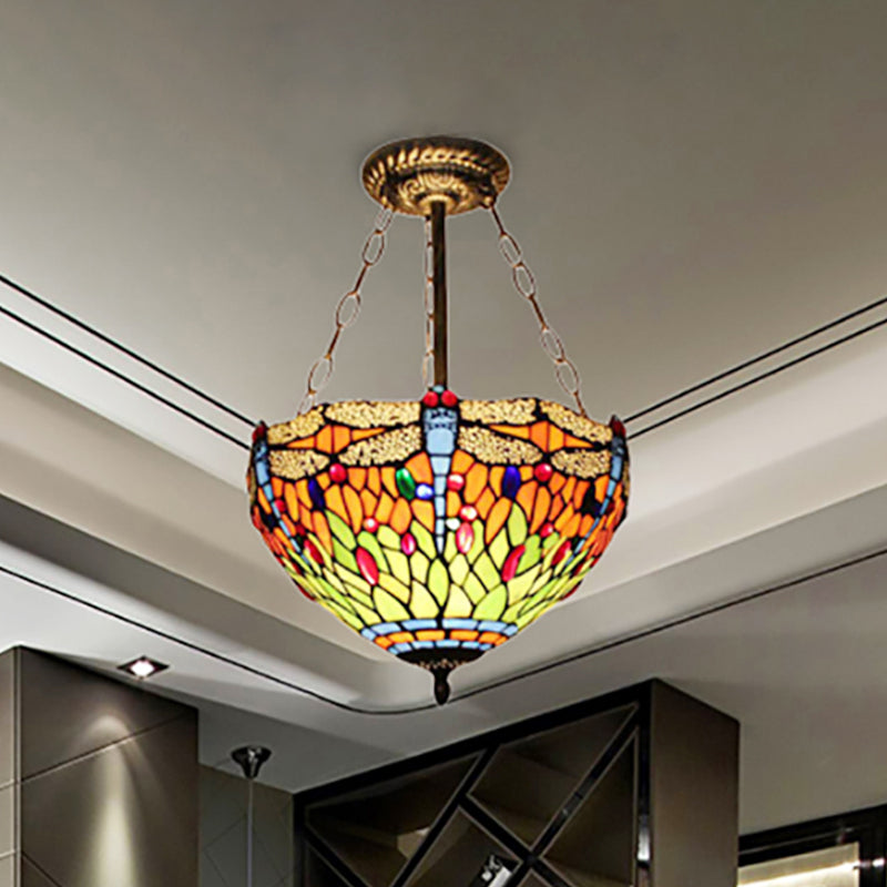 Dragonfly Stained Glass Ceiling Light - Rustic Tiffany Inverted Semi Flush Lamp (12"/16" Wide, Orange)