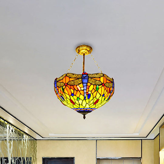 Dragonfly Stained Glass Ceiling Light - Rustic Tiffany Inverted Semi Flush Lamp (12/16 Wide Orange)