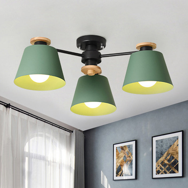 Macaron Metal Bucket Semi Flush Ceiling Light - Ideal For Adult Bedrooms Three Bulbs Fixture