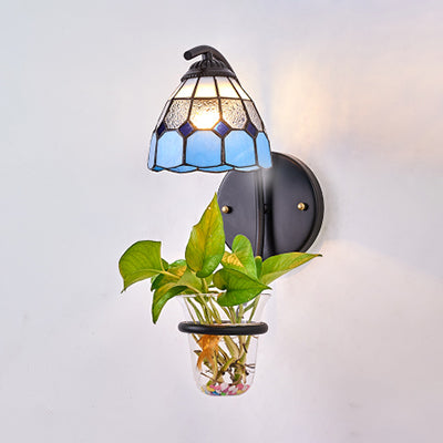 Tiffany Stained Glass Sconce Light: Grid Patterned Wall Mount With Plant Decoration -