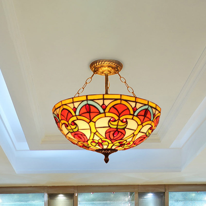 Tiffany Baroque Bowl Stained Glass Ceiling Light - Green/Red Semi Flush Mount for Villas