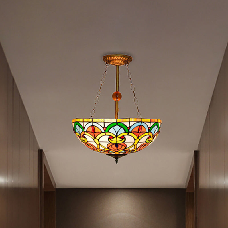 Tiffany Baroque Bowl Ceiling Light: Stained Glass Inverted Semi Flush Mount In Green/Red For Villas