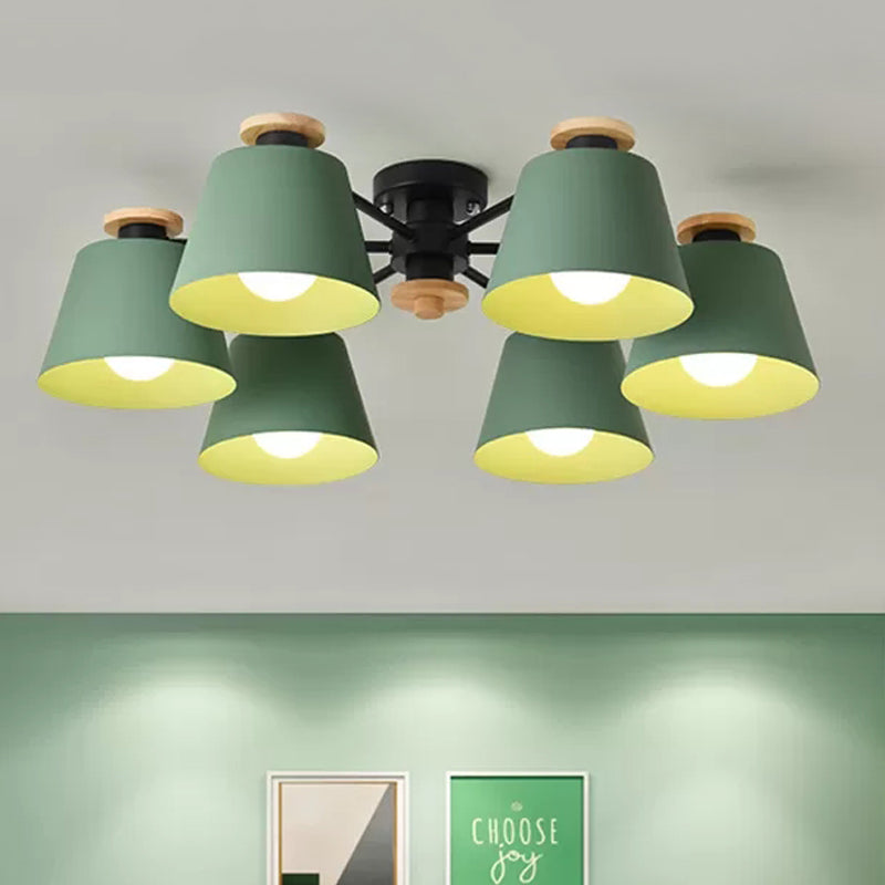 Macaron Metal Semi Flushmount Light - 6 Heads Bucket Ceiling For Kindergarten And Lofts