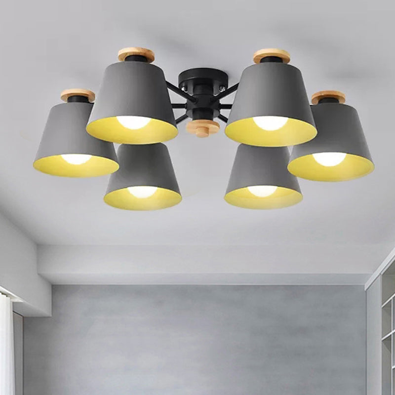 Macaron Metal Semi Flushmount Light - 6 Heads Bucket Ceiling For Kindergarten And Lofts