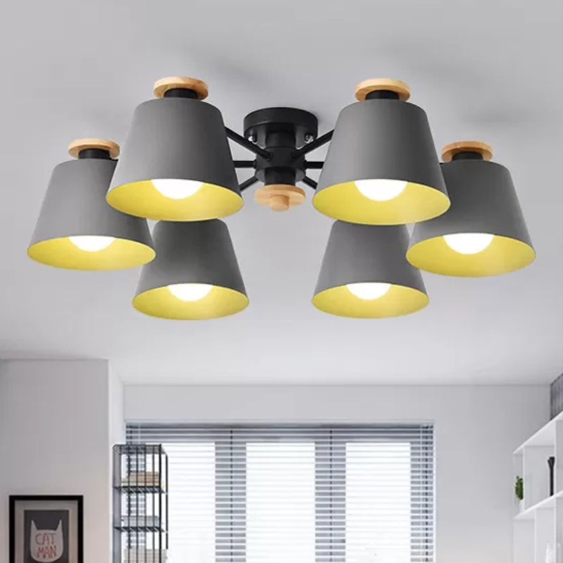 Macaron Metal Semi Flushmount Light - 6 Heads Bucket Ceiling For Kindergarten And Lofts