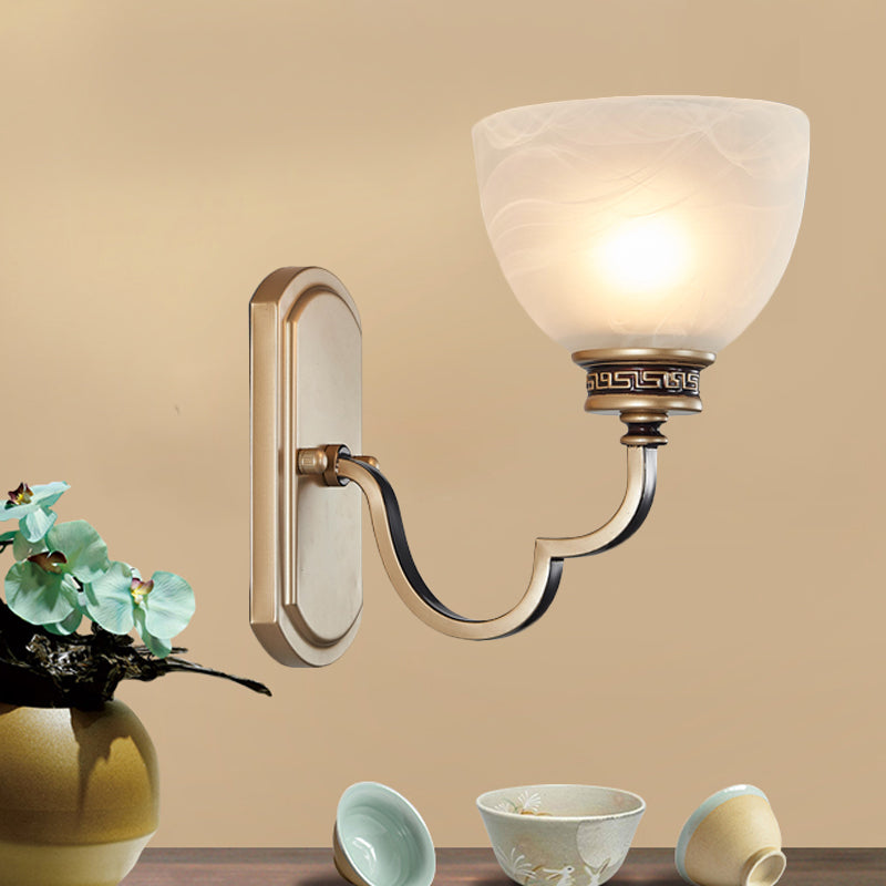 Traditional Gold Dome Wall Mount Sconce Light With Frosted Glass And Wavy Arm Ideal For Living Rooms