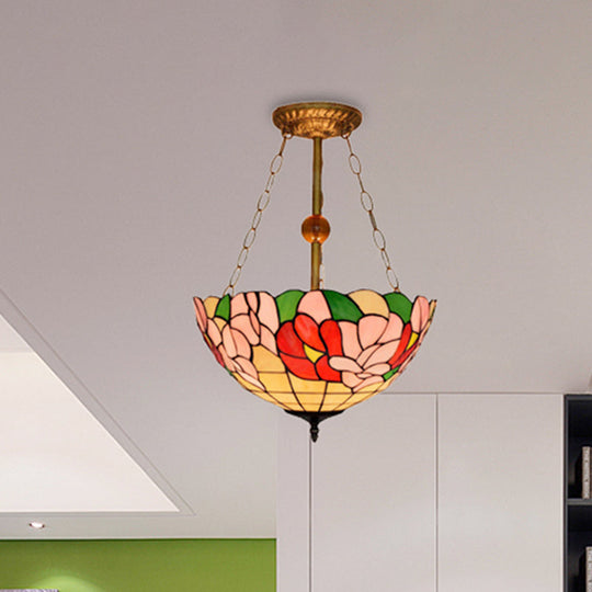 Blossom Tiffany Antique Stained Glass Ceiling Fixture - Inverted Semi Flush Mount Light with Flower/Morning Glory Pattern