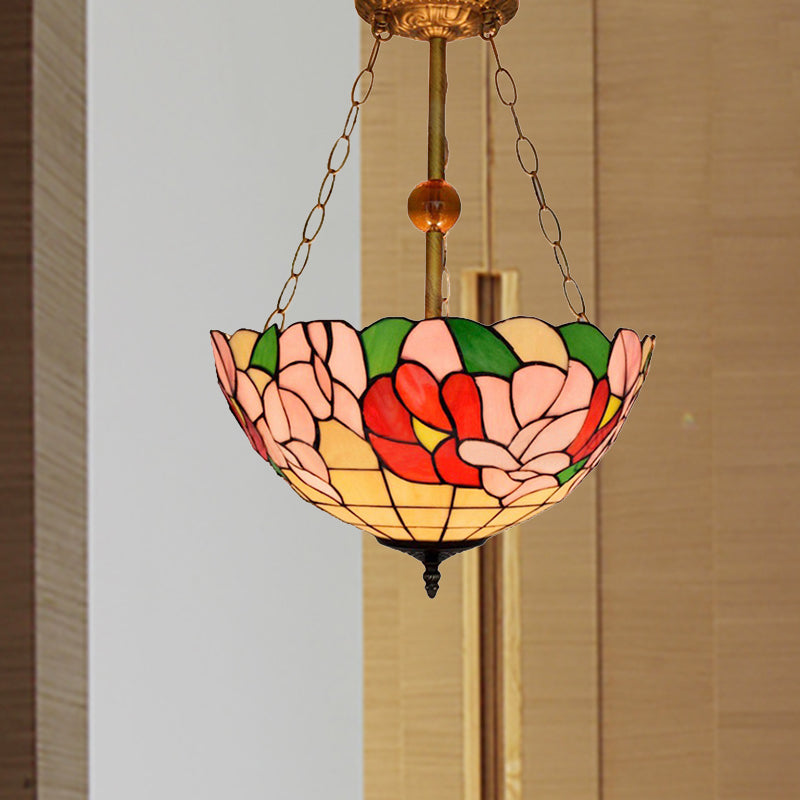 Blossom Tiffany Antique Stained Glass Ceiling Fixture - Inverted Semi Flush Mount Light with Flower/Morning Glory Pattern