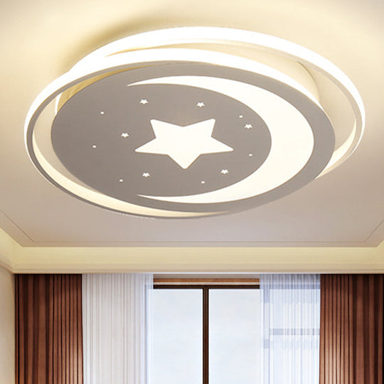 White Metal Moon&Star Ceiling Light - Creative LED Flush Mount for Kids' Bedroom & Corridor