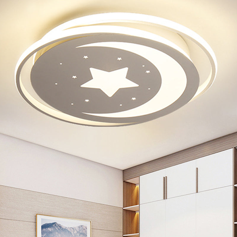 White Metal Moon&Star Ceiling Light - Creative LED Flush Mount for Kids' Bedroom & Corridor