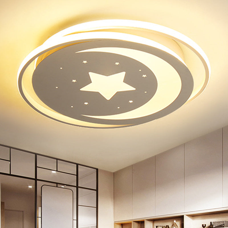 White Metal Moon&Star Ceiling Light - Creative LED Flush Mount for Kids' Bedroom & Corridor