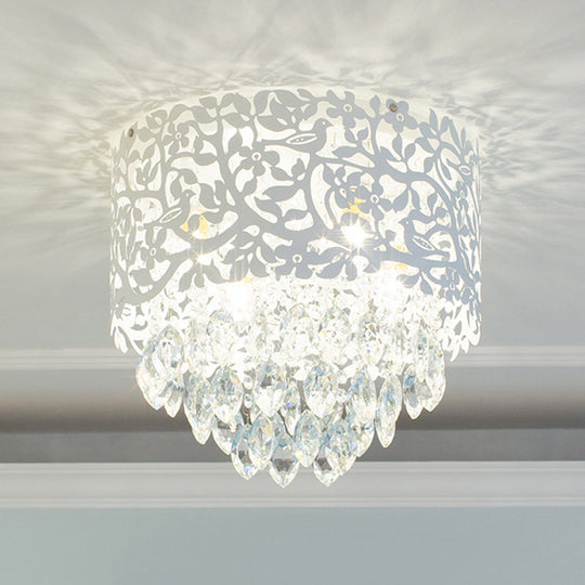 Crystal Leaf Metal Flush Mount Ceiling Light for Girls' Bedroom in White