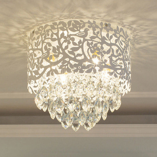 Crystal Leaf Metal Flush Mount Ceiling Light For Girls Bedroom In White