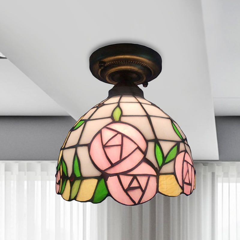 Rustic Tiffany Rose/Morning Glory Flushmount Light - Stained Glass Ceiling Light in Pink for Cafe