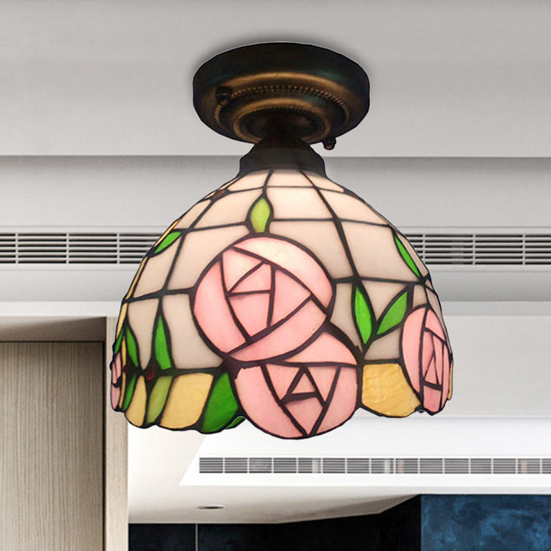 Rustic Tiffany Rose/Morning Glory Flushmount Light - Stained Glass Ceiling Light in Pink for Cafe