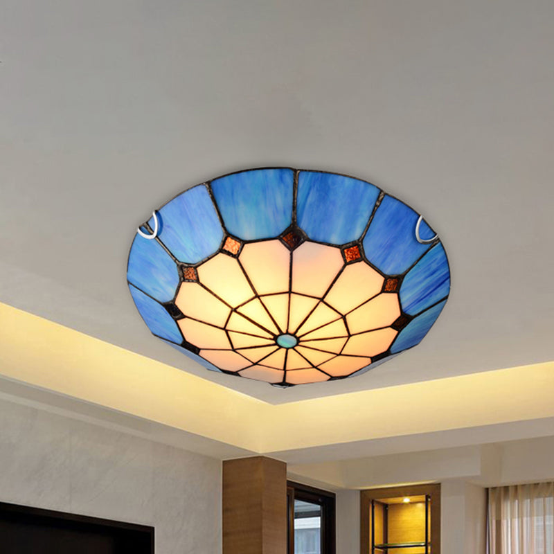 Tiffany Antique Art Glass Grid Bowl Ceiling Lamp in Blue/Orange/Yellow - 12"/16" Width - Bedroom Ceiling Mount