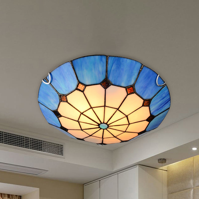 Tiffany Antique Art Glass Grid Bowl Ceiling Lamp in Blue/Orange/Yellow - 12"/16" Width - Bedroom Ceiling Mount