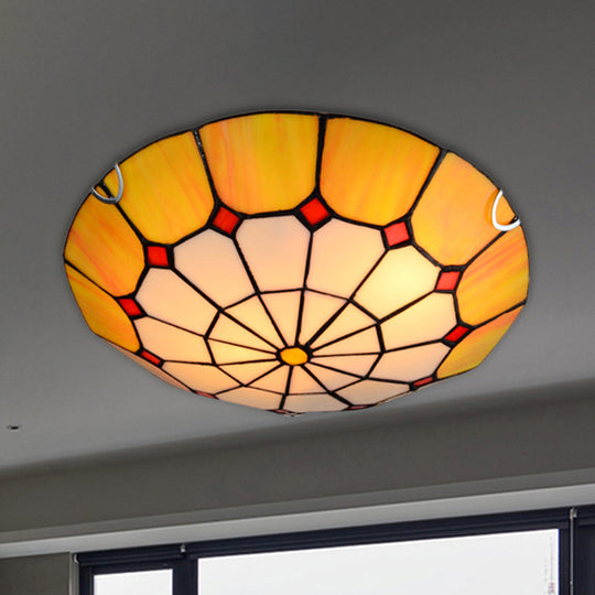 Tiffany Antique Art Glass Grid Bowl Ceiling Lamp in Blue/Orange/Yellow - 12"/16" Width - Bedroom Ceiling Mount