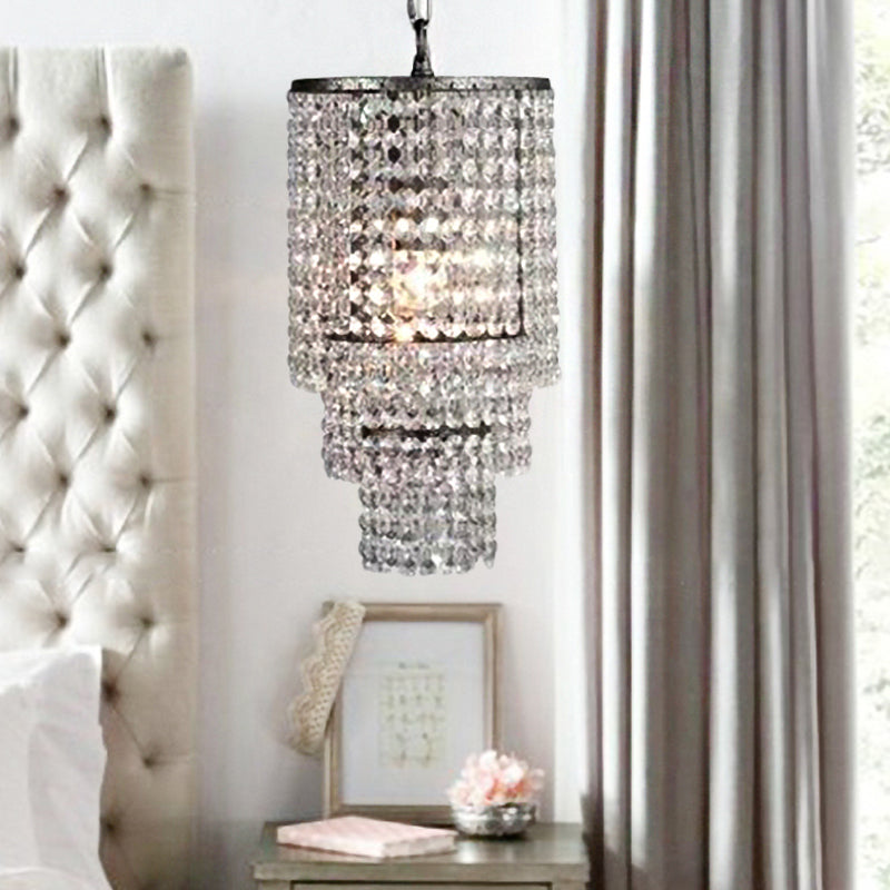 Luxurious Cylinder Pendant Light With Clear Crystal Beads - Ideal For Adult Bedroom Lighting