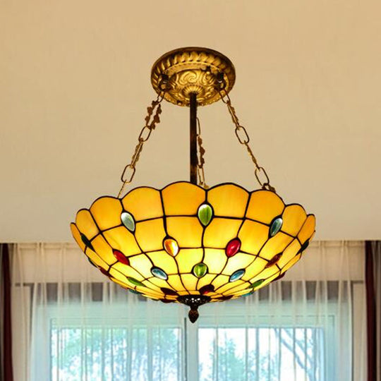 Stained Glass Semi Flush Ceiling Light with Jewel Decoration - Retro Style, Yellow/Beige, Various Sizes - Perfect for Bedrooms